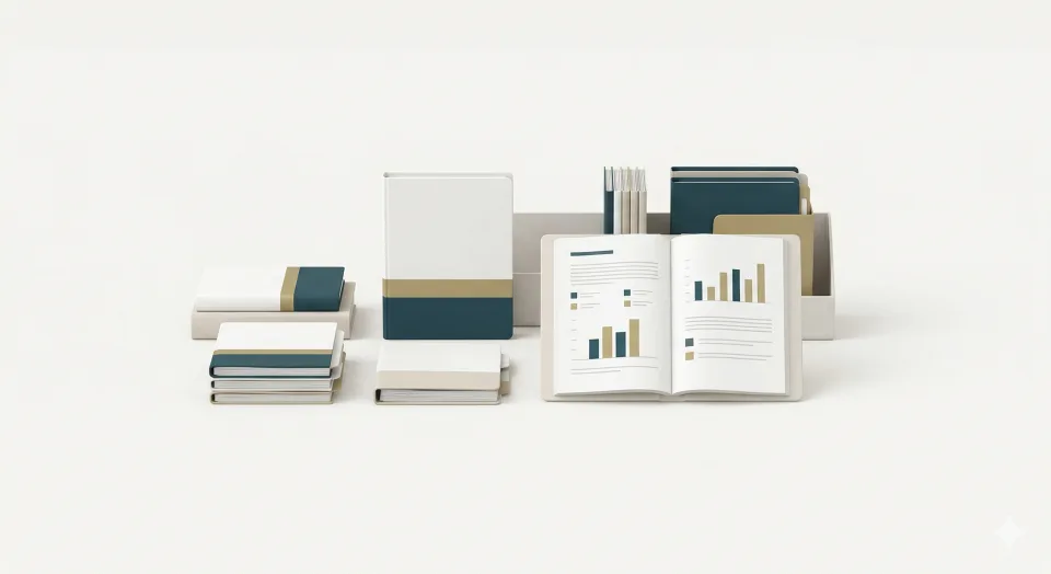 Illustration representing corporate teams using printed collateral and presentation materials.